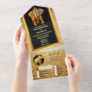 Invitation Tout En Un éléphants mariages indiens luxe or noir chic