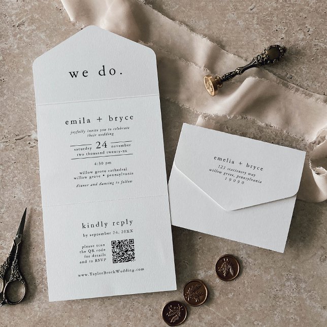 Invitation Tout En Un EMELIA QR Code Blanc Noir Rustique Simple Mariage (EMELIA QR Code White Black Rustic Simple Wedding All In One Invitation)