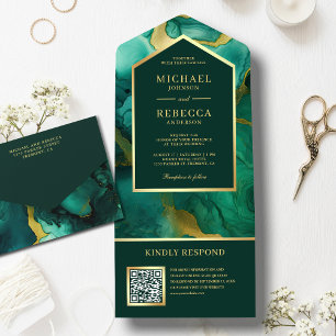 Invitation Tout En Un Emerald Gold Abstrait Fluid Ink QR Code Mariage