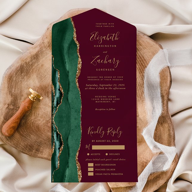 Invitation Tout En Un Emerald Green Agate Burgundy Meal Options Wedding (Créateur téléchargé)