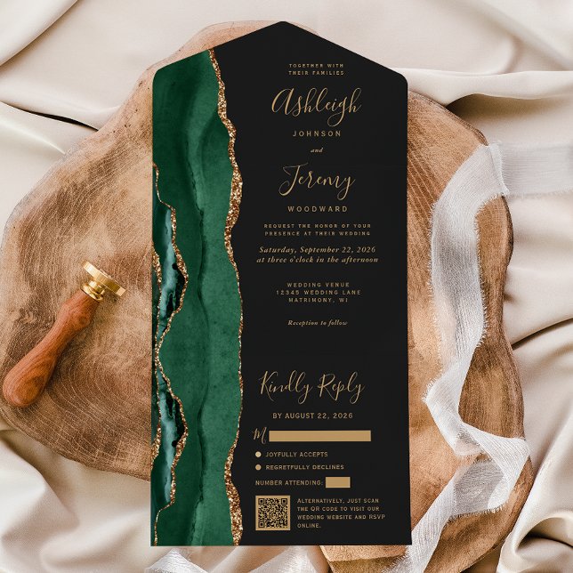 Invitation Tout En Un Emerald Green Agate Gold Dark QR Code Wedding (Créateur téléchargé)