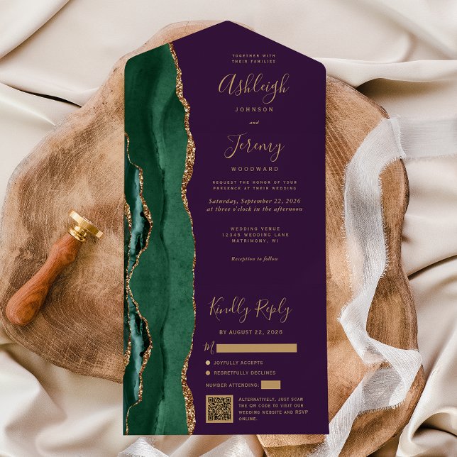 Invitation Tout En Un Emerald Green Agate Gold Purple QR Code Wedding (Créateur téléchargé)