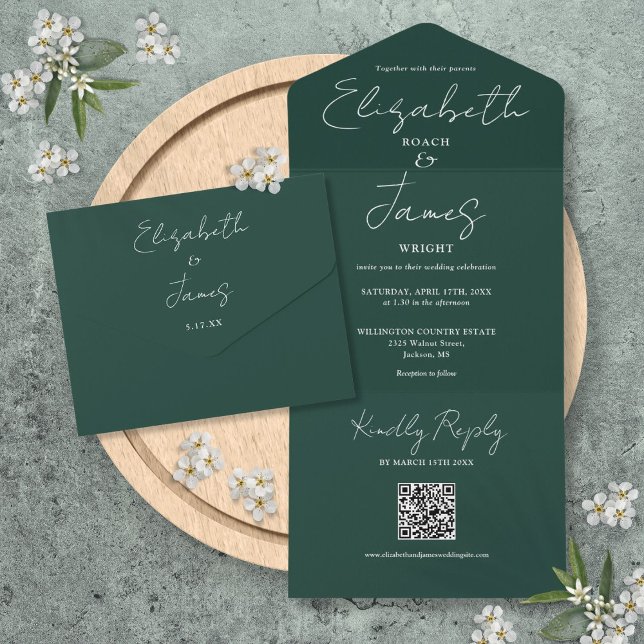 Invitation Tout En Un Emerald Green Elegant Script QR Code Mariage (Emerald Green Elegant Script QR Code Wedding All In One Invitation)