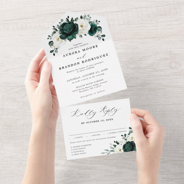 Invitation Tout En Un Emerald Green Eucalyptus Blanc Floral Mariage (Déchirure)