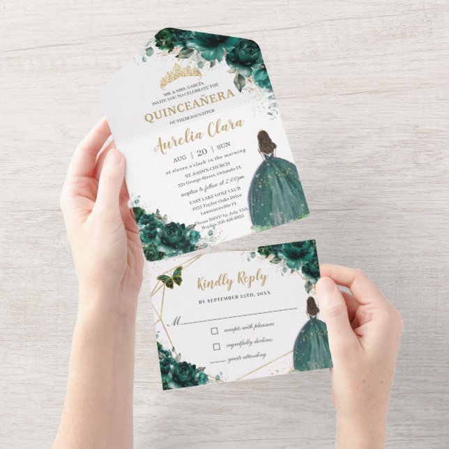Invitation Tout En Un Emerald Green Floral Princesse Tiara Quinceañera (Déchirure)