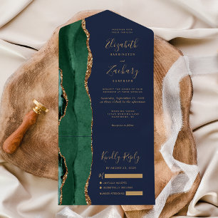 Invitation Tout En Un Emerald Green Gold Agate Mariage bleu marine