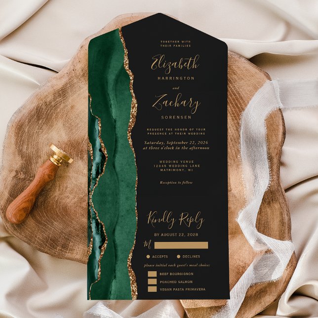 Invitation Tout En Un Emerald Green Gold Agate Options de repas Mariage  (Créateur téléchargé)
