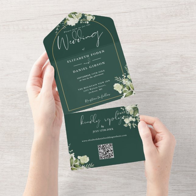 Invitation Tout En Un Emerald Green Gold Arch Greenery QR Code Mariage (Déchirure)