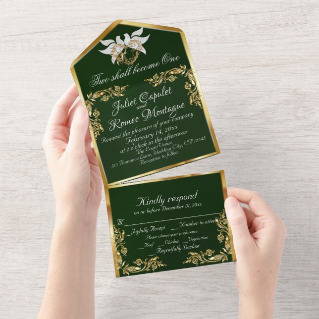 Invitation Tout En Un Emerald Green, Gold Feuilles, Doves & Heart (Déchirure)