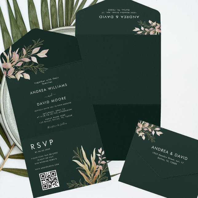 Invitation Tout En Un Emerald Green & Gold Greenery QR Code RSVP Mariage (Créateur téléchargé)