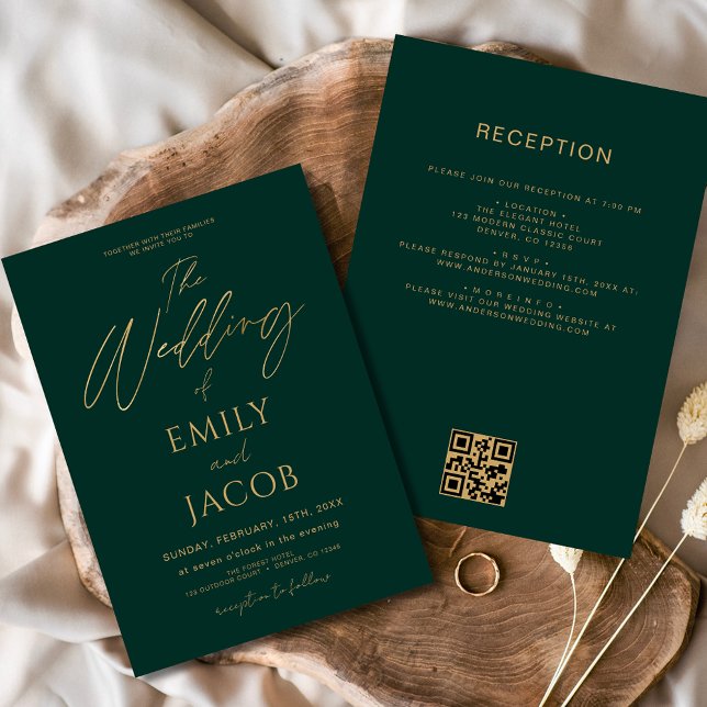 Invitation Tout en un Emerald Green Gold Mariage QR Code (Créateur téléchargé)