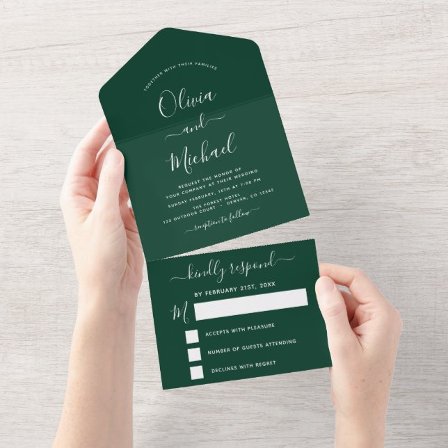 Invitation Tout En Un Emerald Green Mariage Typographie moderne RSVP (Déchirure)