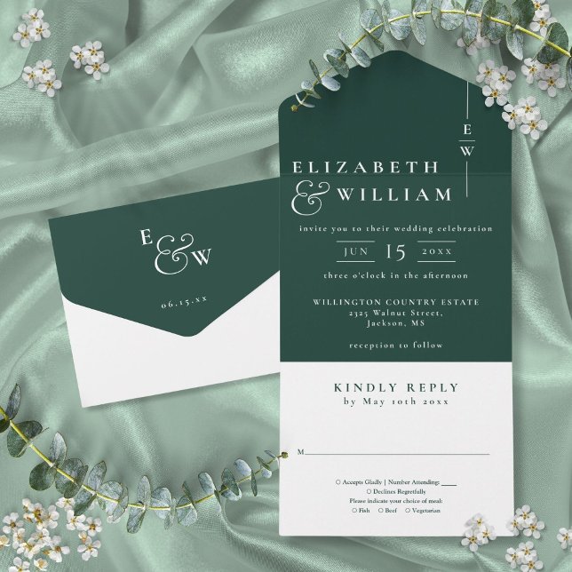 Invitation Tout En Un Emerald Green Minimalist Élégant Mariage Monogramm (Emerald Green Minimalist Elegant Monogram Wedding All In One Invitation)