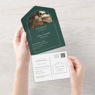 Invitation Tout En Un Emerald Green Modern Minimal Arch Photo QR Code