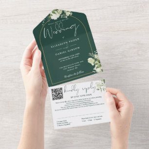 Invitation Tout En Un Emerald Green QR Code Gold Arch Mariage de verdure