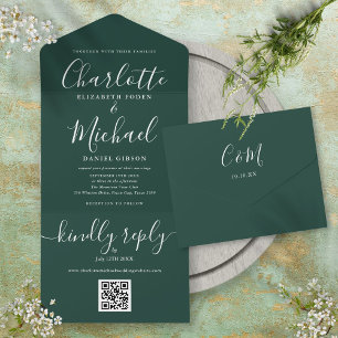 Invitation Tout En Un Emerald Green QR Code Script Mariage minimaliste