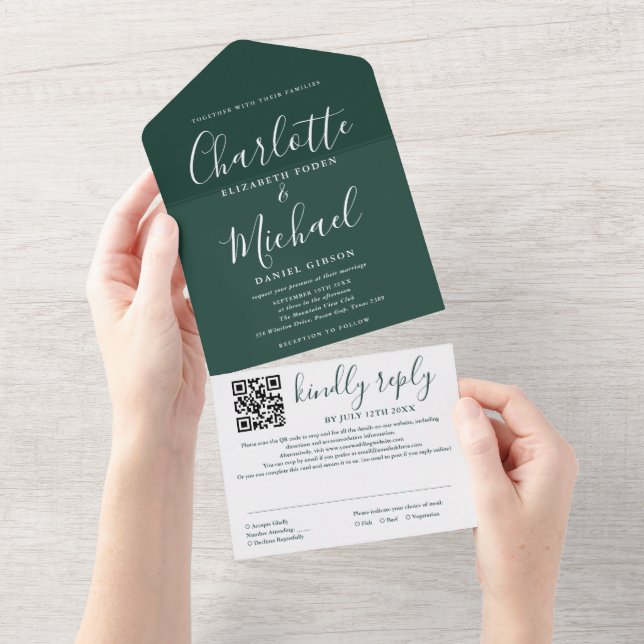 Invitation Tout En Un Emerald Green Script moderne QR Code Mariage (Déchirure)
