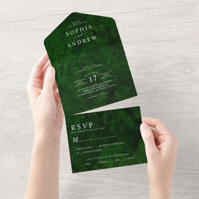 Invitation Tout En Un Emerald Green & Silver Calligraphy (Déchirure)