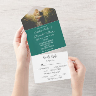 Invitation Tout En Un Emerald Green Simple Modern Photo Mariage