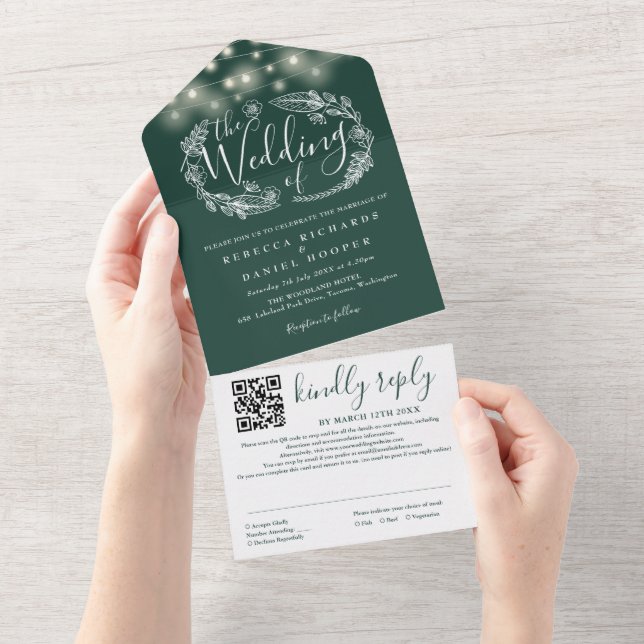 Invitation Tout En Un Emerald Green String Lights QR Code Mariage (Déchirure)
