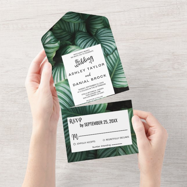 Invitation Tout En Un Emerald green tropical chic Mariage floral All In (Déchirure)