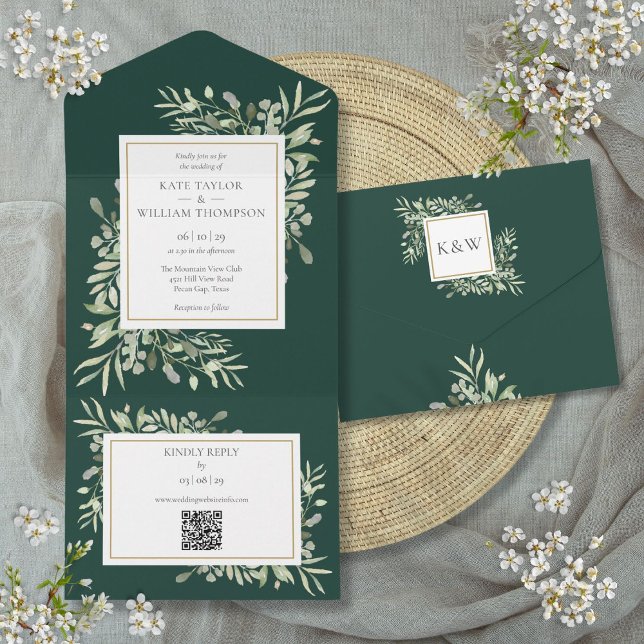 Invitation Tout En Un Emerald Greenery Floral QR Code Mariage (Emerald Greenery Floral QR Code Wedding All In One Invitation)