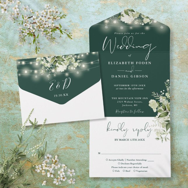 Invitation Tout En Un Émeraude Chaîne Lumières Verdure Monogramme Mariag (Emerald String Lights Greenery Monogram Wedding All In One Invitation)