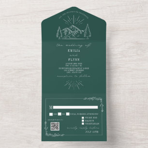 Invitation Tout En Un Émeraude Rustique vintage Mountain QR RSVP