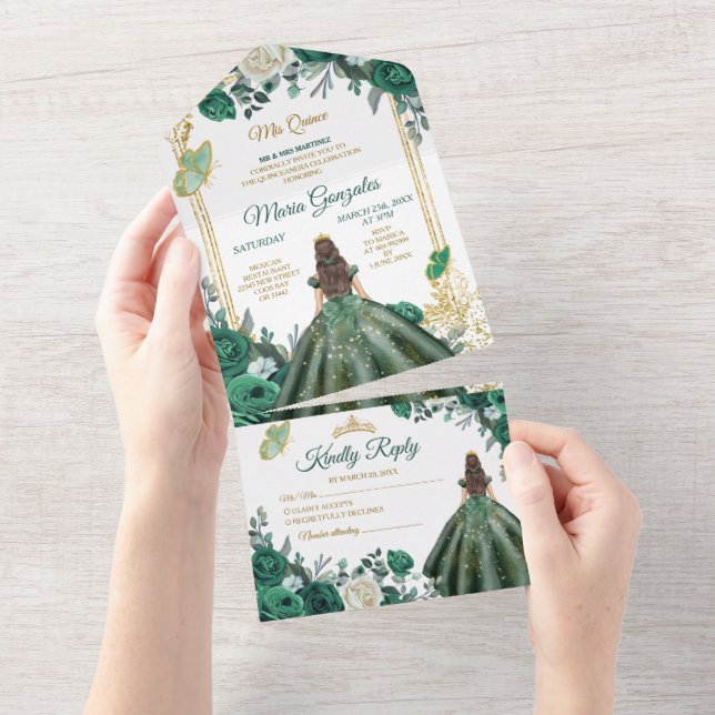 Invitation Tout En Un Émeraude Vert Floral Princesse Or Quinceañera (Déchirure)