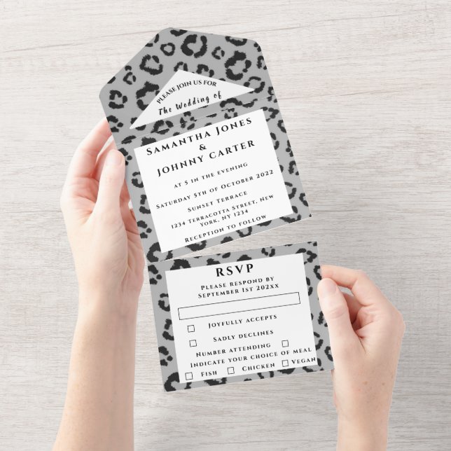 Invitation Tout En Un Empreinte de léopard Cheetah Grey Safari Mariage a (Déchirure)