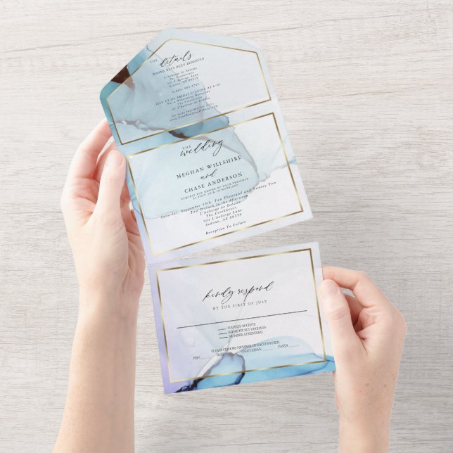 Invitation Tout En Un Encre Abstraite Indigo Lavender Aquamarine (Déchirure)