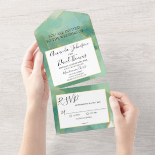 Invitation Tout En Un Encre d'alcool vert et or