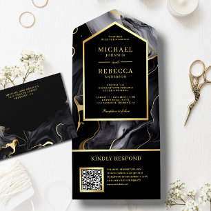 Invitation Tout En Un Encre fluide abstraite code QR mariage Or noir