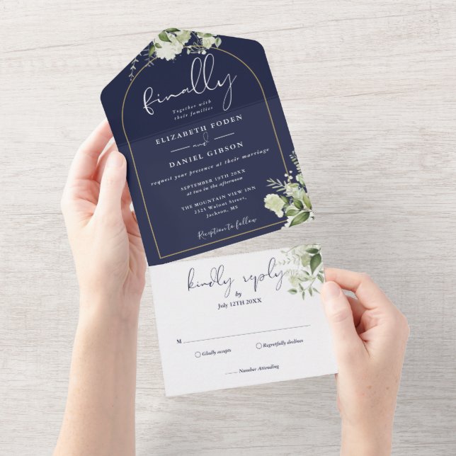 Invitation Tout En Un Enfin Arc d'or Marine Blue Greenery Mariage (Déchirure)