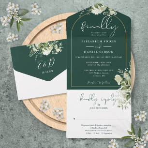 Invitation Tout En Un Enfin Vert Émeraude Or Arche Feuillage Mariage