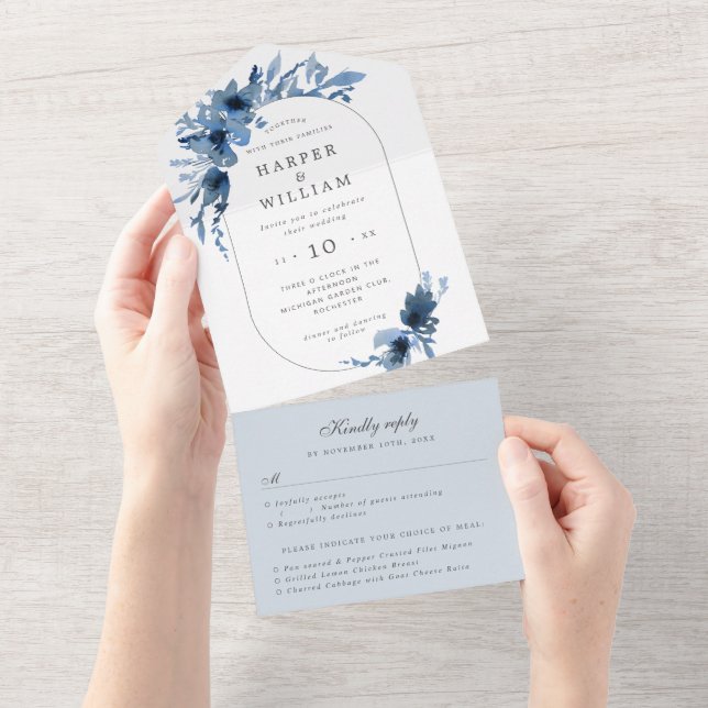 Invitation Tout En Un Enveloppe florale bleu aquarelle mariage triplé (Déchirure)