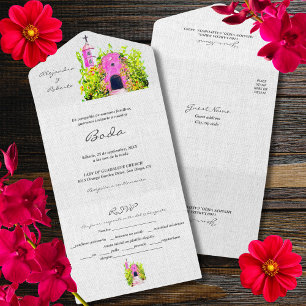 Invitation Tout En Un Espagnol, Aquarelle Chapelle rose Mariage mexicain