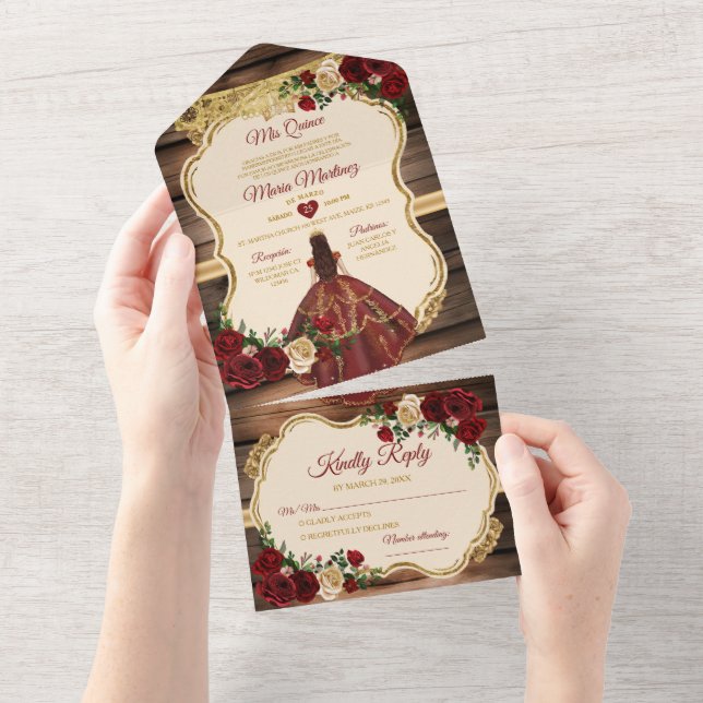 Invitation Tout En Un Espagnol Bourgogne Floral Russe Bois Mis Quince (Déchirure)