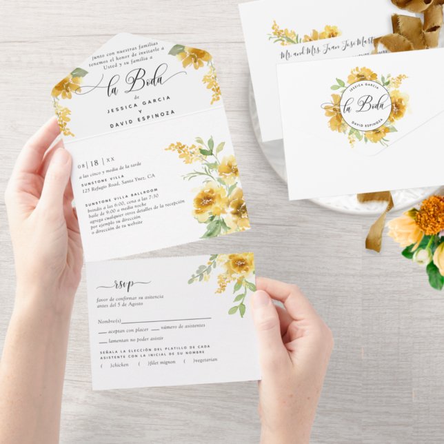 Invitation Tout En Un Espagnol Elegant Jaune Mariage Tear RSVP (Créateur téléchargé)