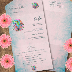 Invitation Tout En Un Espagnol, Fleurs Rustiques Coeur Mariage Mexicain 
