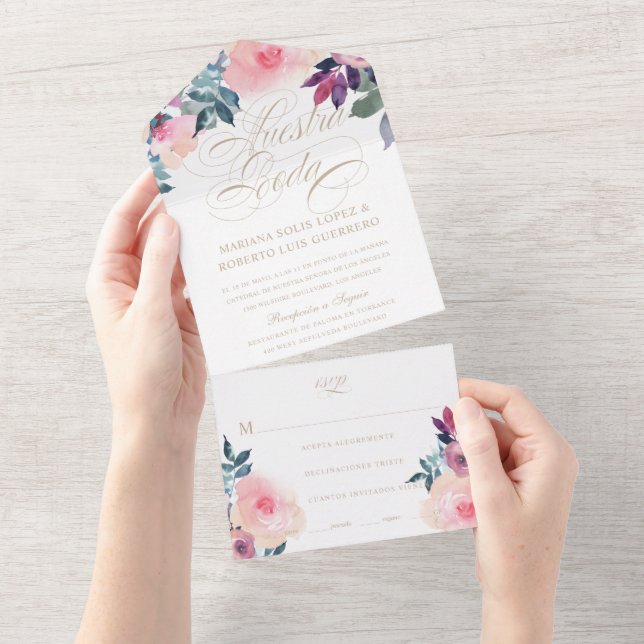 Invitation Tout En Un Espagnol Nuestra Boda Flores Morado y Rosa Mariage (Déchirure)