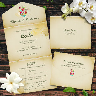 Invitation Tout En Un Espagnol, Rustique Tout en un Mariage Mexicain Inv