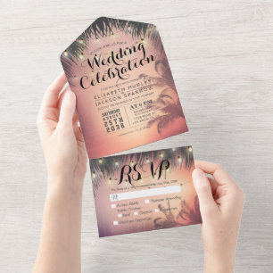 Invitation Tout En Un Été Plage Palm Arbre Chaîne Lumières Mariage RSVP