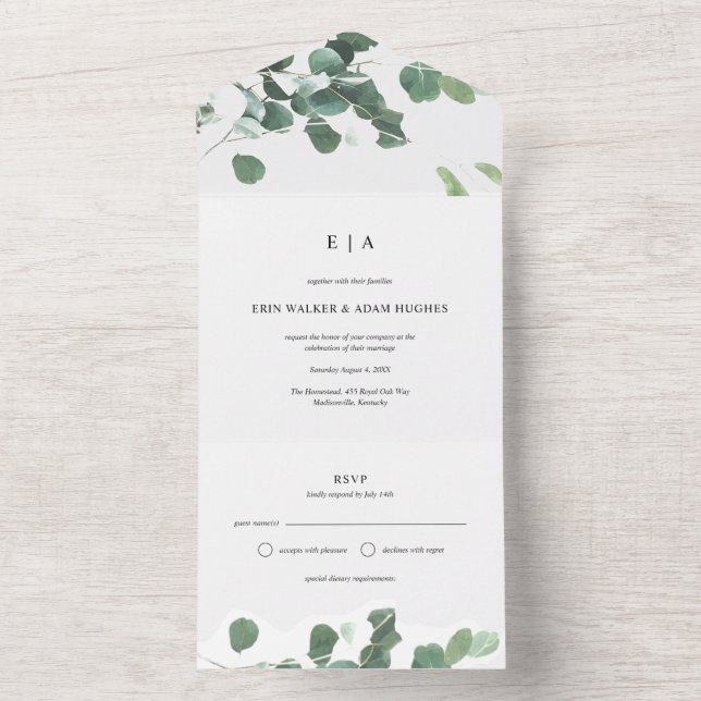 Invitation Tout En Un Éteindre l'aquarelle botanique Mariage Eucalyptus (À l'intérieur)