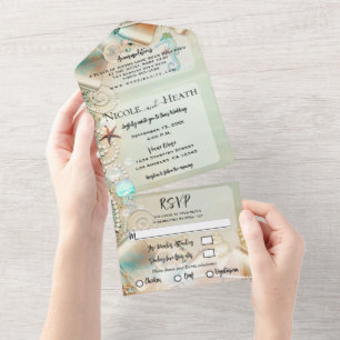 Invitation Tout En Un Étoile de mer romantique de la plage et perles mar