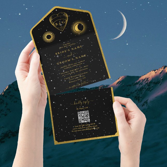 Invitation Tout En Un Étoiles célestes Crescent Lune Mariage d'or noir (Celestial Stars Crescent Moon Black Gold Wedding All In One Invitation)