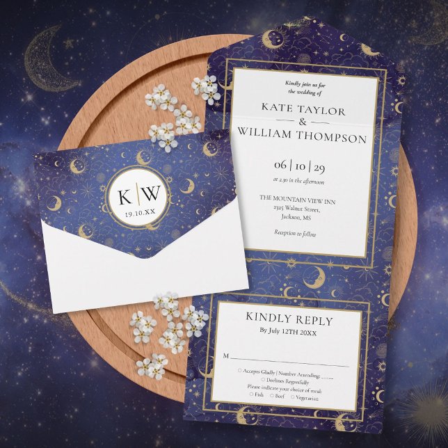 Invitation Tout En Un Etoiles d'or Lune Étoiles Mariage spirituel célest (Gold Stars Moon Stars Celestial Spiritual Wedding All In One Invitation)
