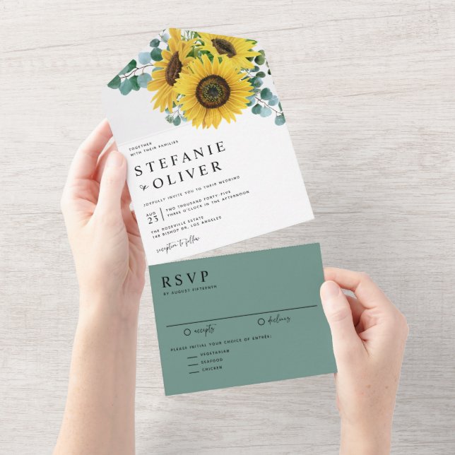 Invitation Tout En Un Eucalyptus aquarelle et Mariage de tournesols (Déchirure)