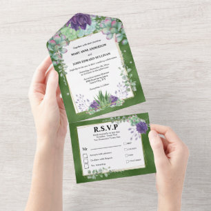 Invitation Tout En Un Eucalyptus cactus émeraude violet shimmer mariage