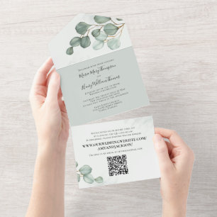 Invitation Tout En Un Eucalyptus Elegant Aquarelle Foliage QR Code